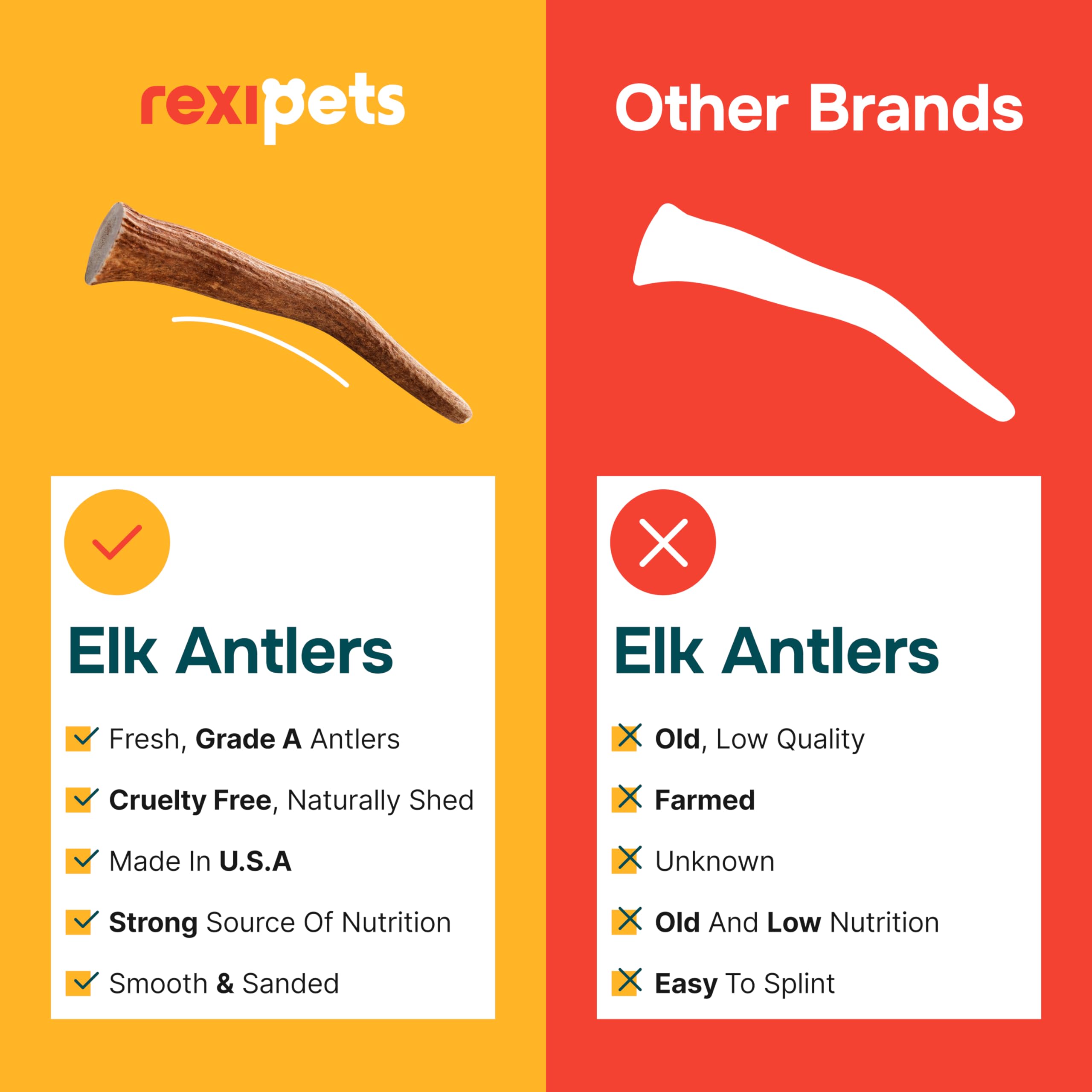 REXIPETS cuernos de alce hechos en EE. UU., alta calidad y control de origen.