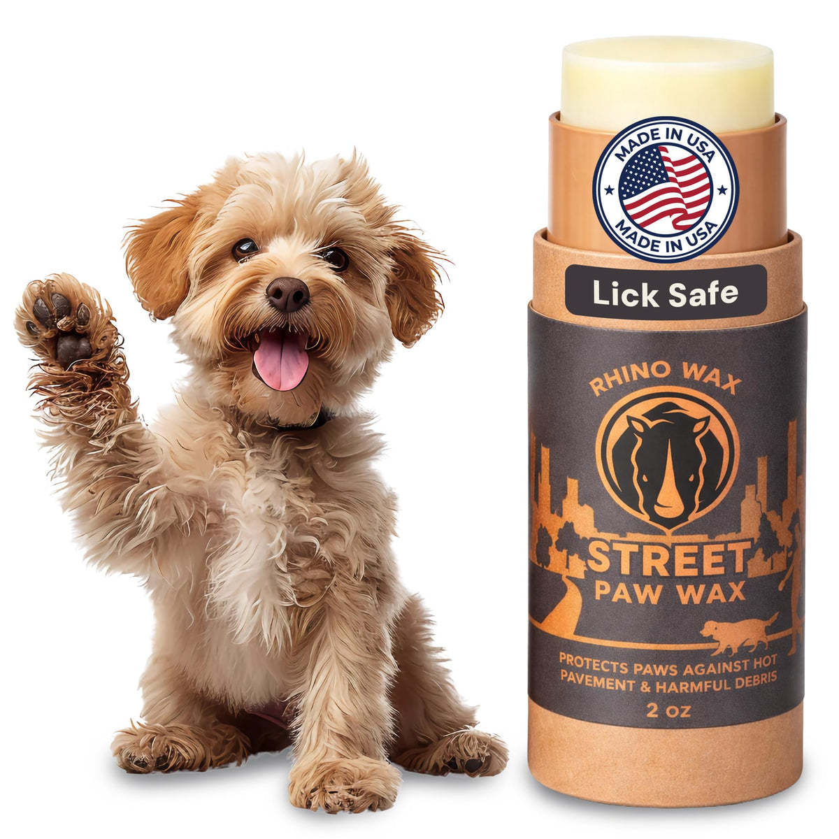 Rhino Wax protege patitas de perros en pavimento caliente, ideal para paseos seguros.