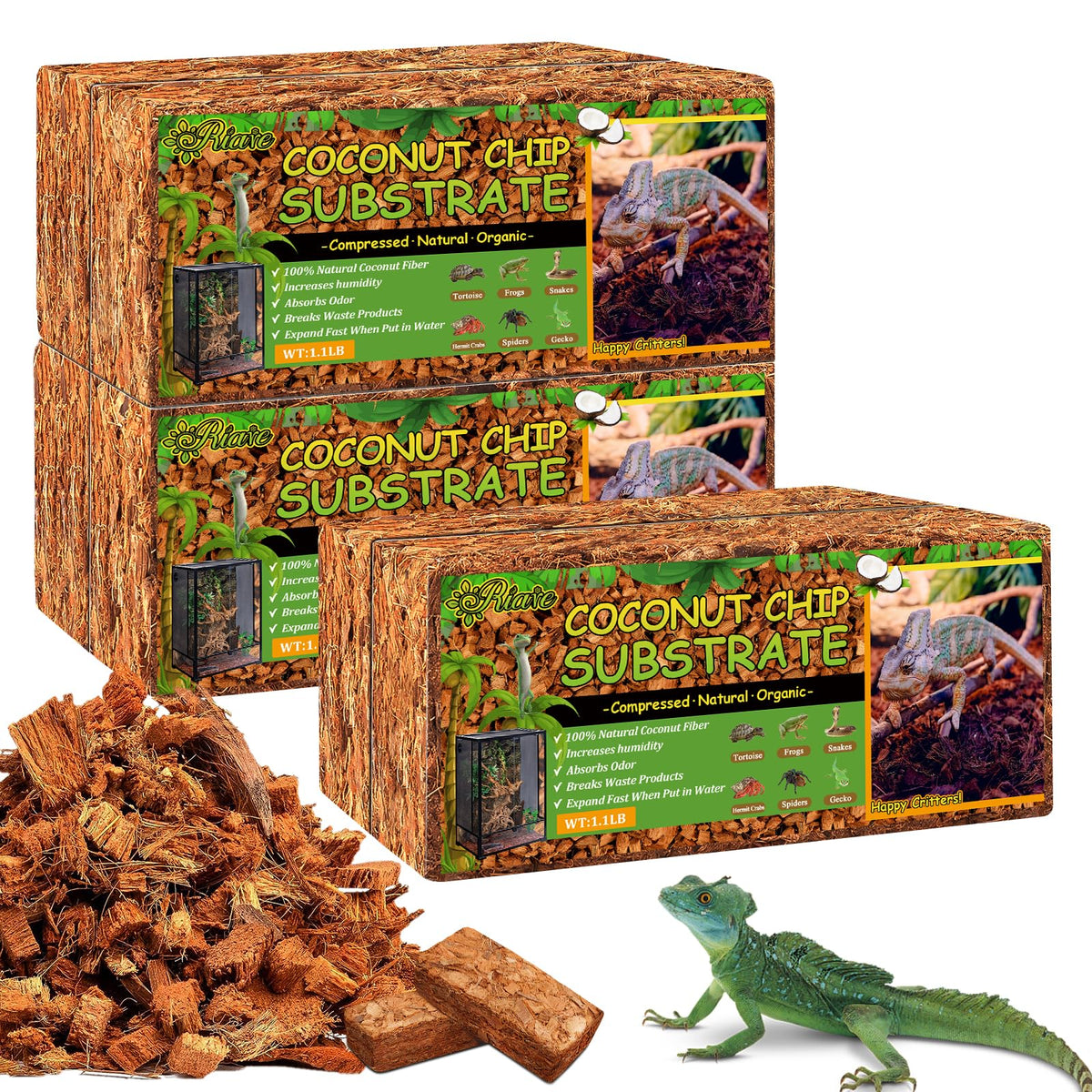 Riare chips de coco: sustrato para reptiles en empaque de alta gama, listo para expandirse al regar.