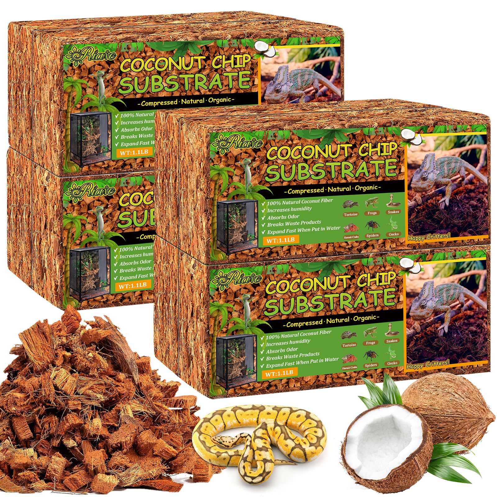 Riare sustrato coco chip compactado para reptiles, refugio natural y cómodo