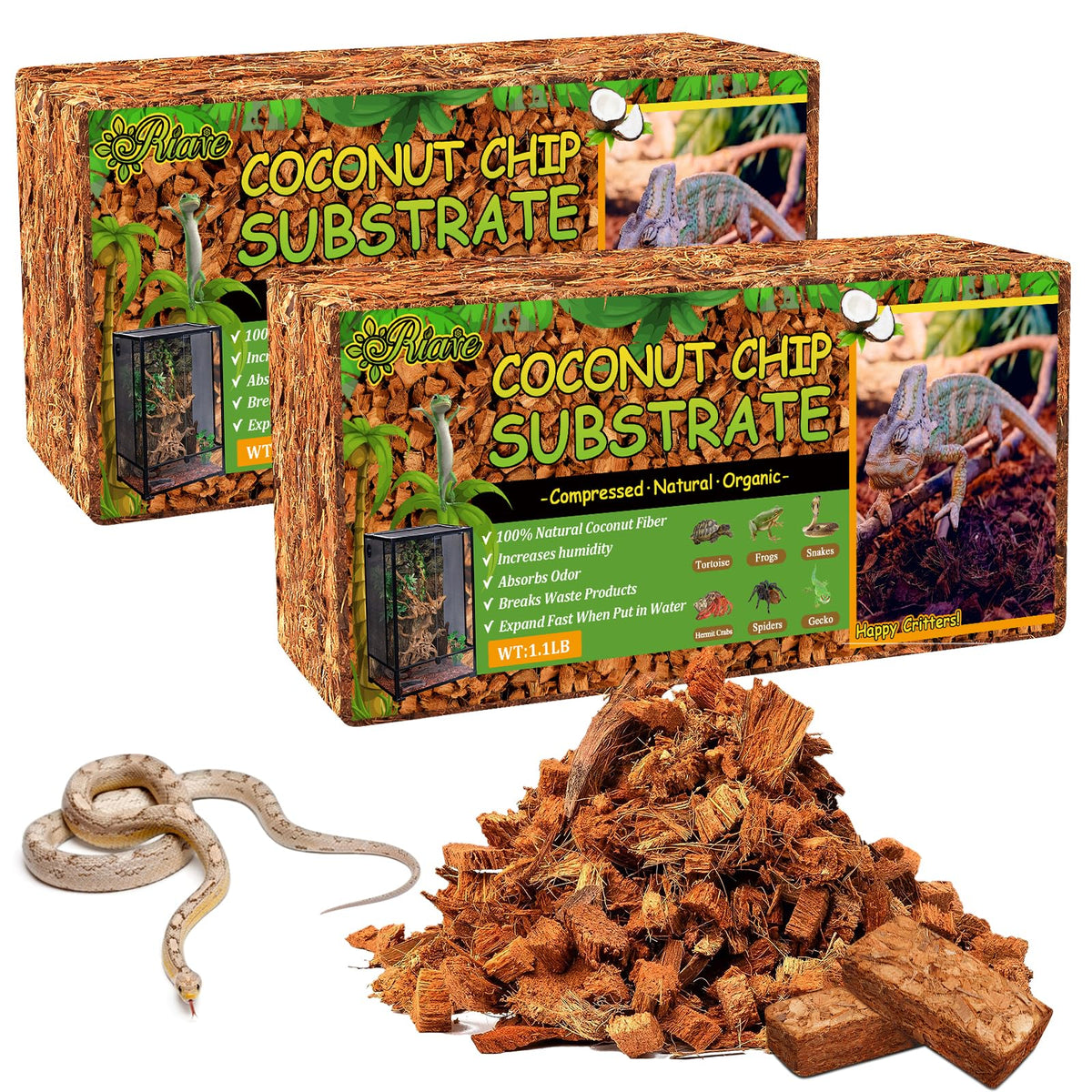 Riare sustrato coco trocitos terrario: refugio natural y comodidad para reptiles.