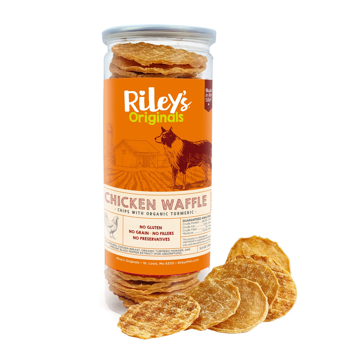 Riley's Waffles Chips de Pollo con Cúrcuma, snack crujiente para perros activos.
