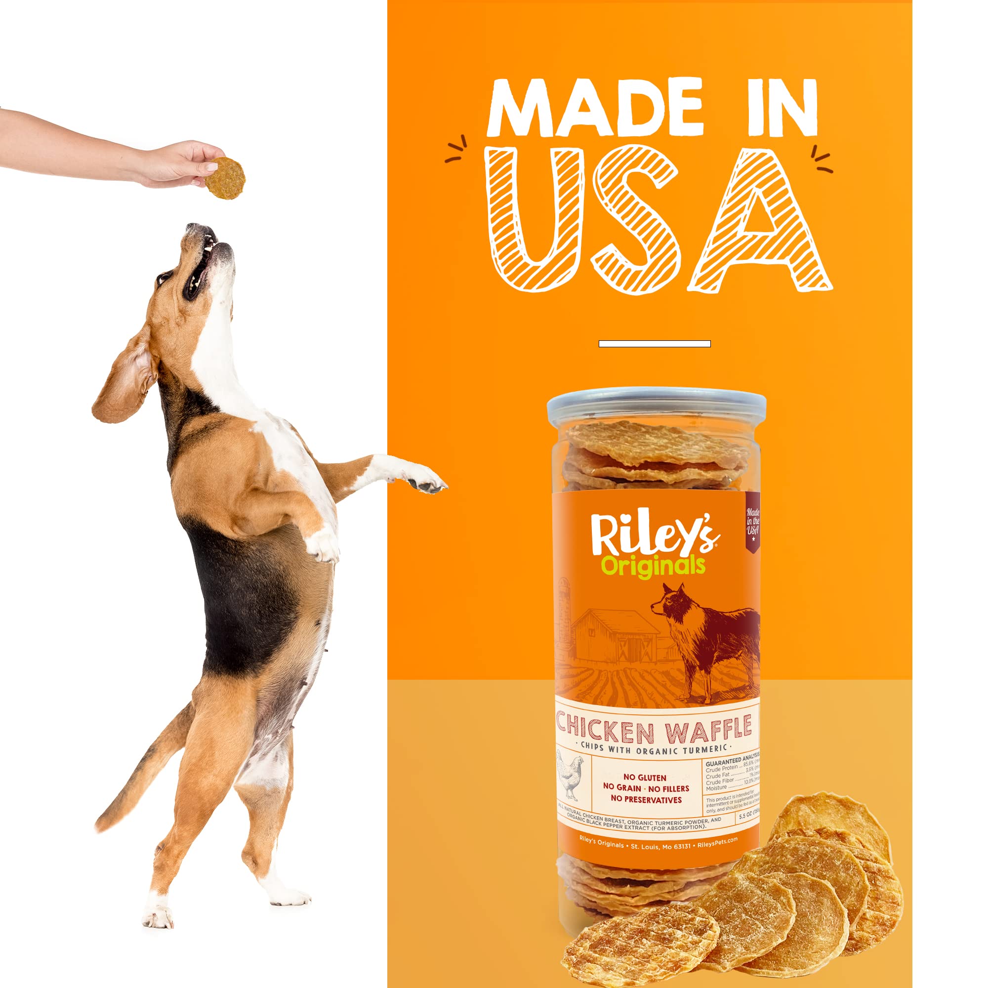 Riley's Waffles con cúrcuma, aroma agradable para paseos y entrenamiento.