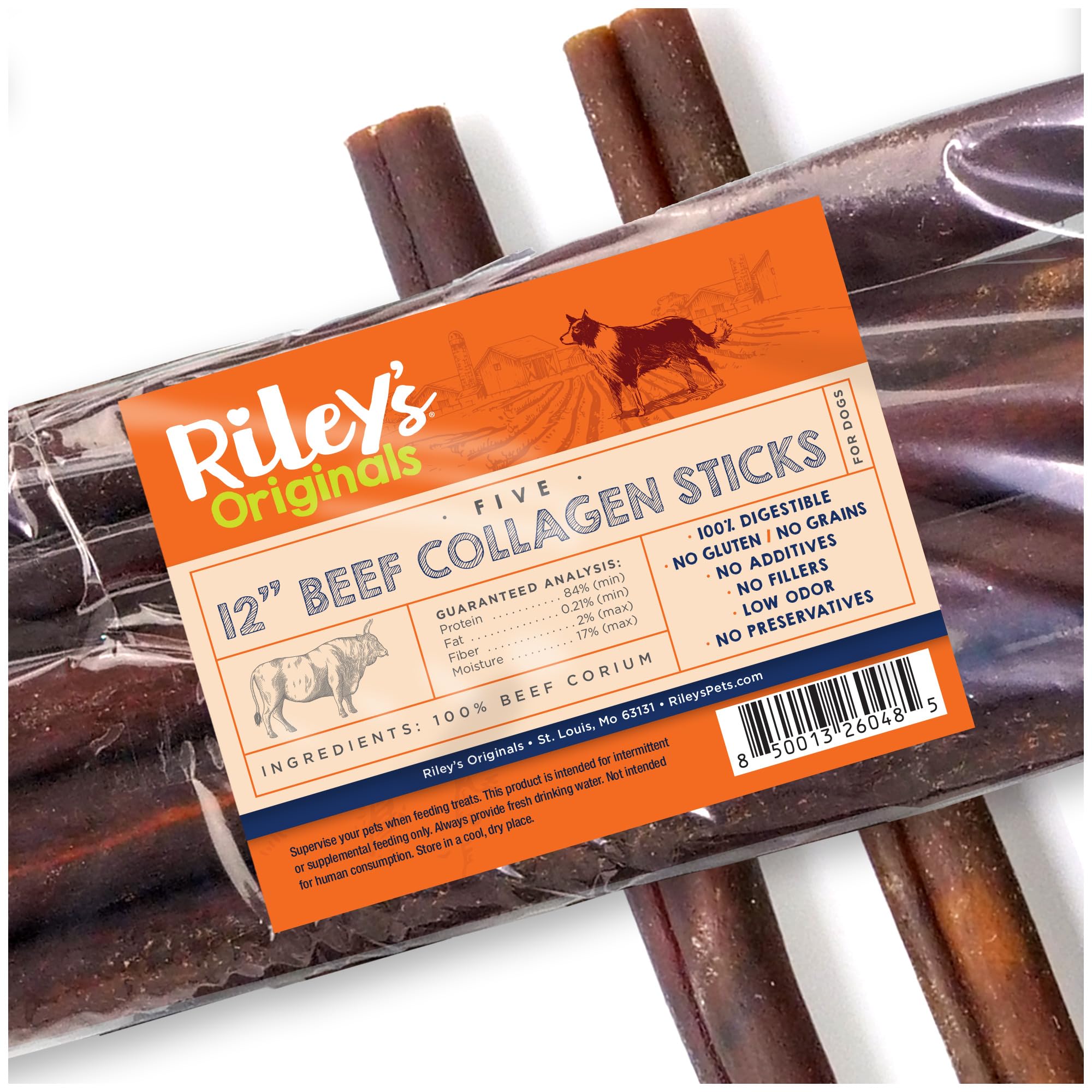 Riley's palitos de colágeno de res 12 pulgadas en empaque, masticación duradera.