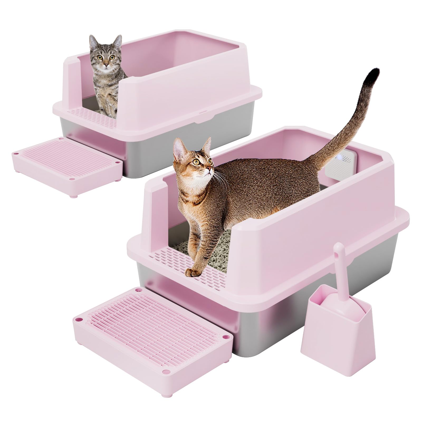Caja de arena RIZZARI rosa, espaciosa para gatos de cualquier tamaño.