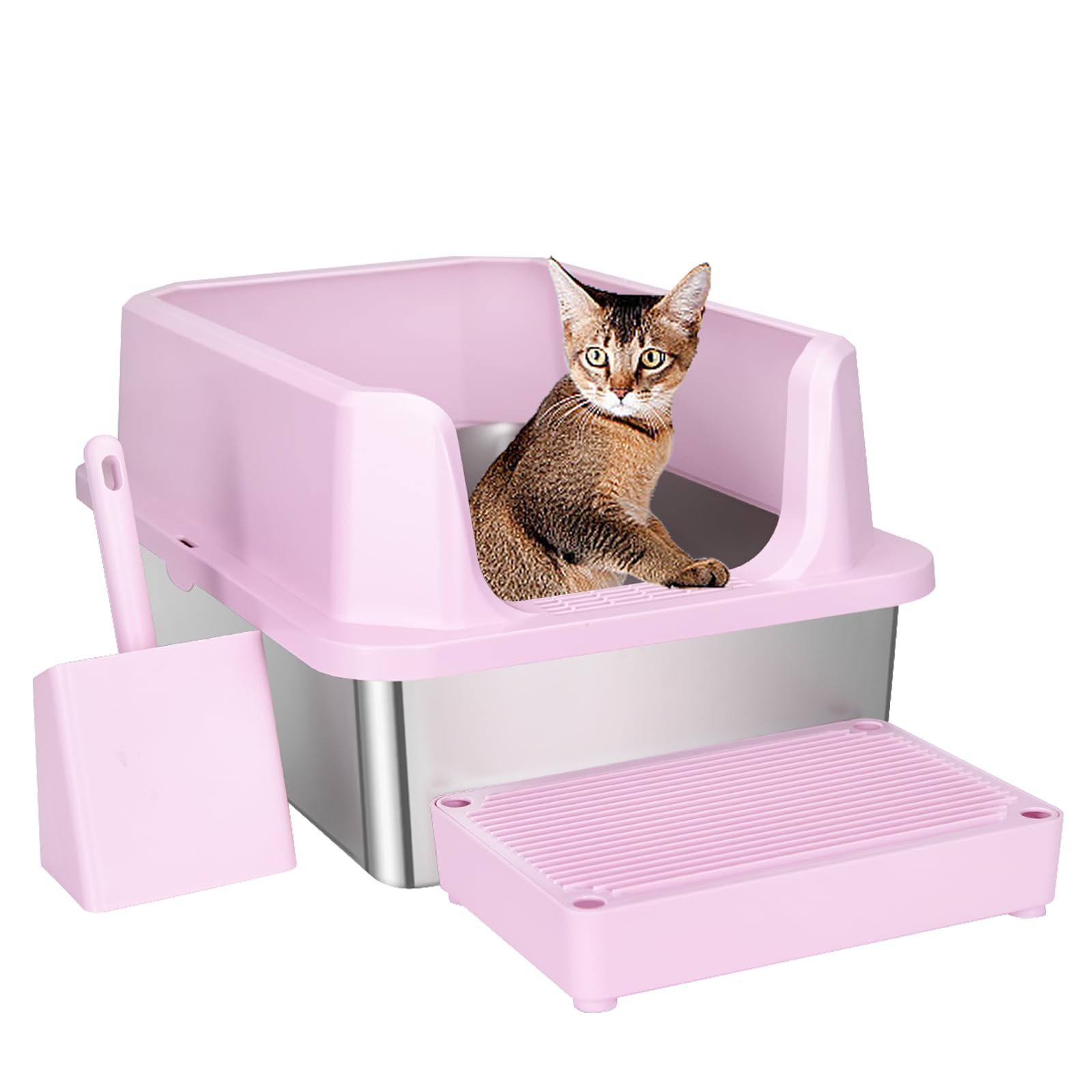 RIZZARI caja-arena-gato-grande-rosa-inox, espaciosa para gatos grandes.
