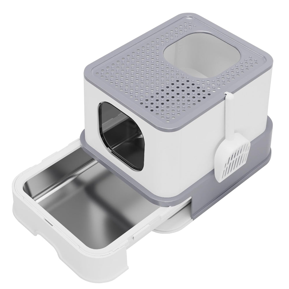RIZZARI caja de arena gris grande con diseño cerrado para multi-gatos y control de olores