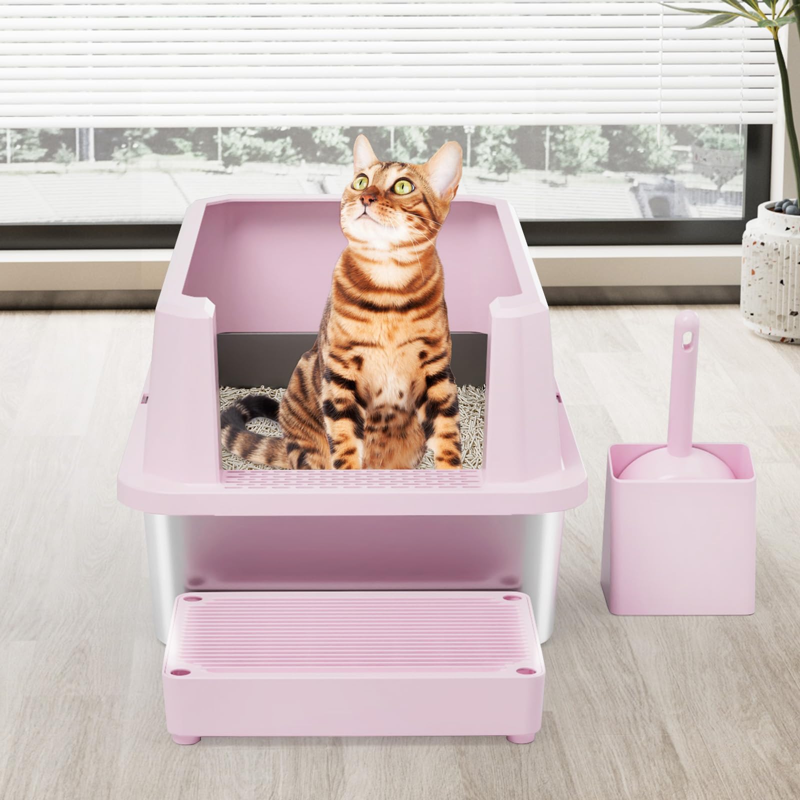 Ideal para gatos grandes en apartamentos y baños, combinación de confort e higiene.