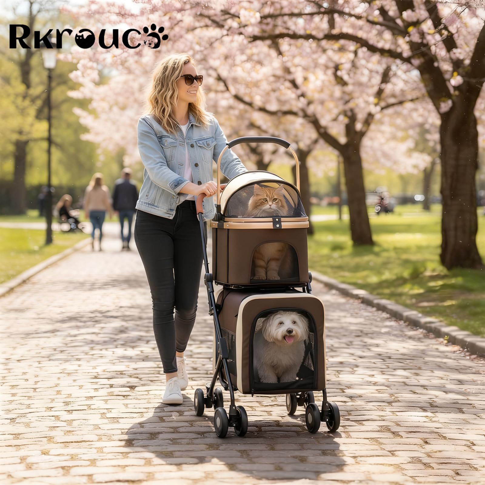 Rkrouco carrito doble plegable, vista frontal, capacidad para dos mascotas