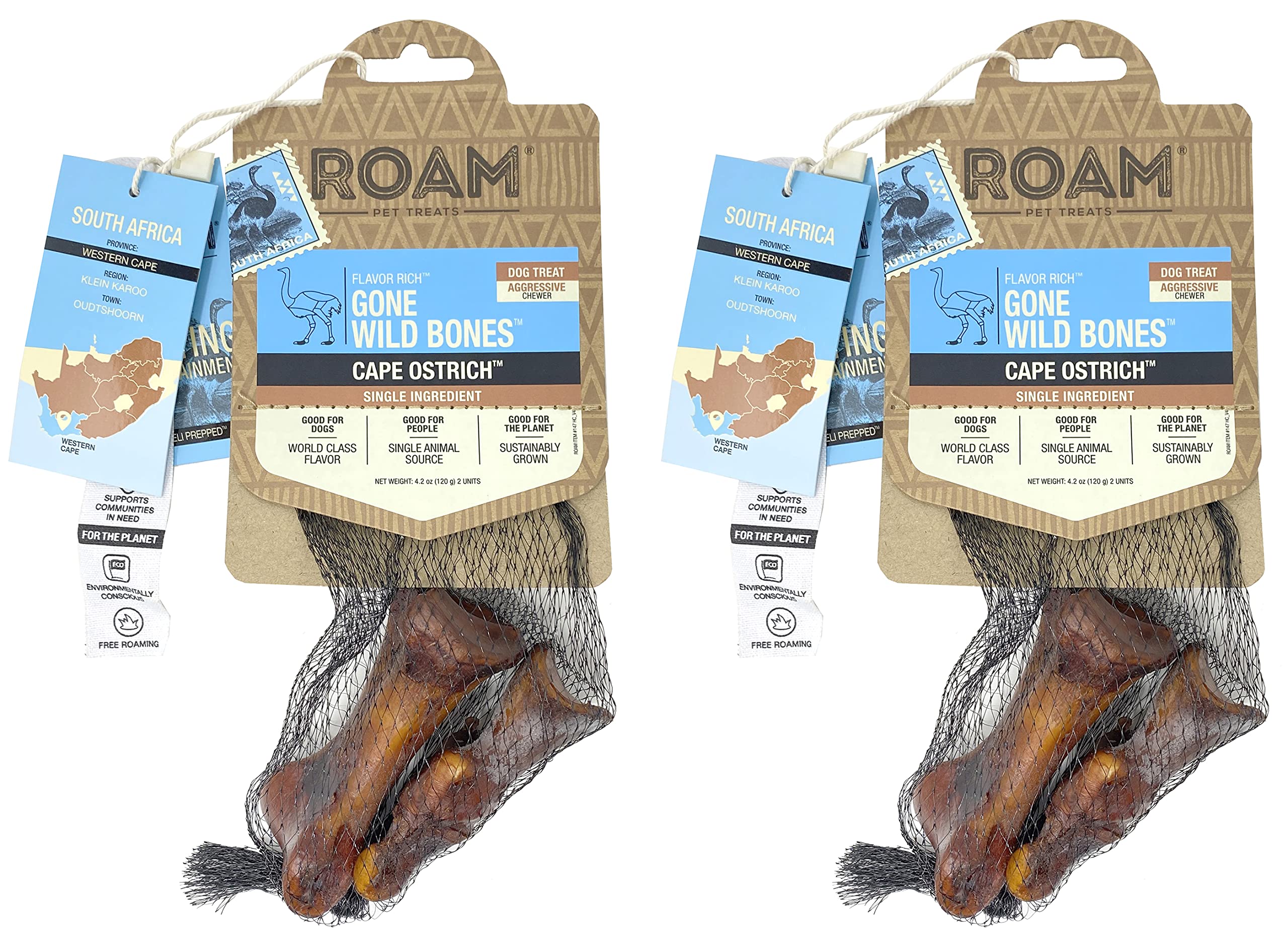 ROAM hueso de avestruz para perro, paquete de dos, masticación duradera