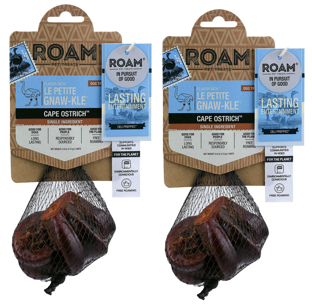 ROAM Ostrich Dog Chew en empaque frontal, snack duradero para perros pequeños.
