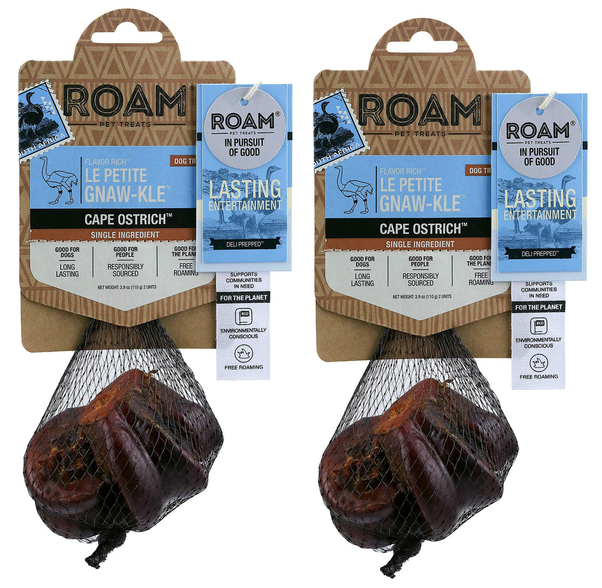 ROAM Ostrich Dog Chew en empaque frontal, snack duradero para perros pequeños.