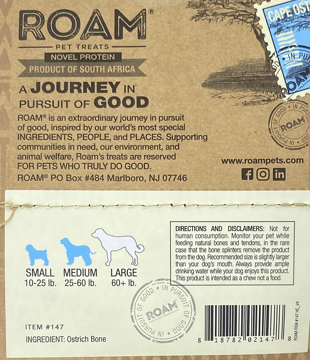 ROAM hueso pequeño de avestruz para perros, entrenamiento y diversión