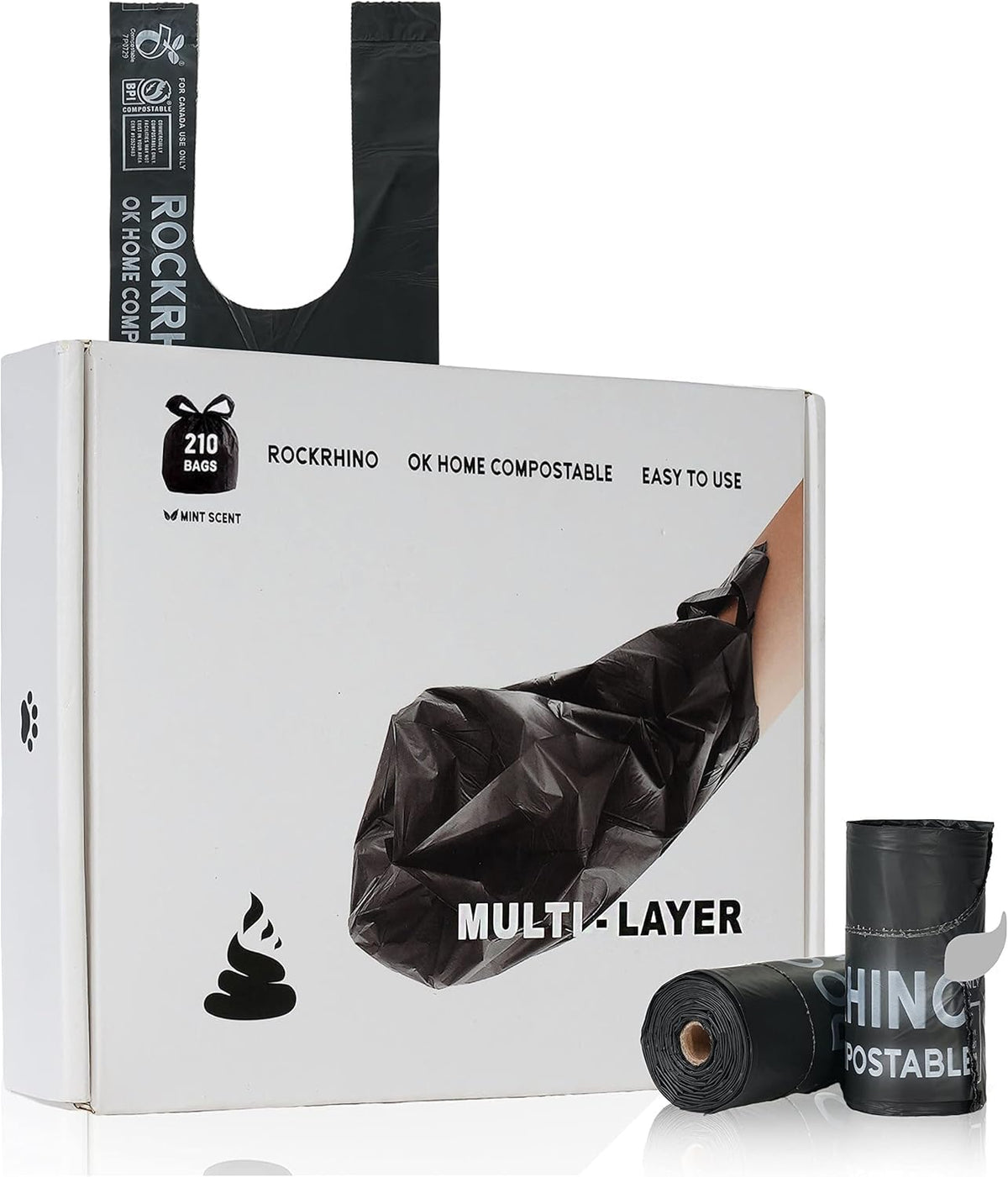 RockRhino bolsas caca perro, enfoque en gruesa y ecológica para durabilidad diaria.
