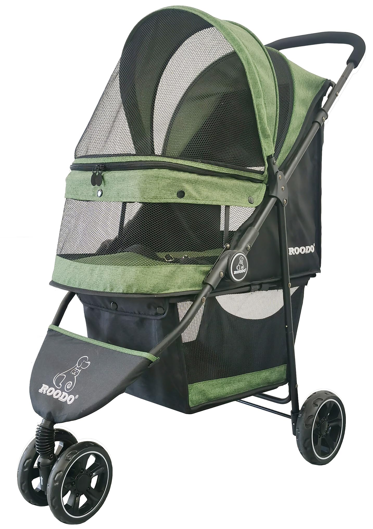 ROODO carrito para mascotas de tres ruedas verde, ideal para paseos seguros y cómodos