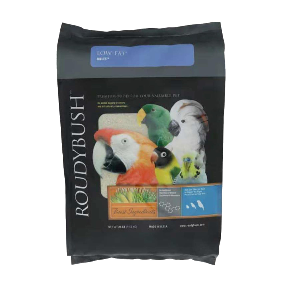 RoudyBush alimento bajo grasa para aves adultas y pichones, envase visible