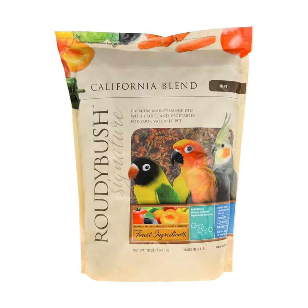 RoudyBush California Blend para aves mini, envase de 10 lb, nutrición equilibrada.