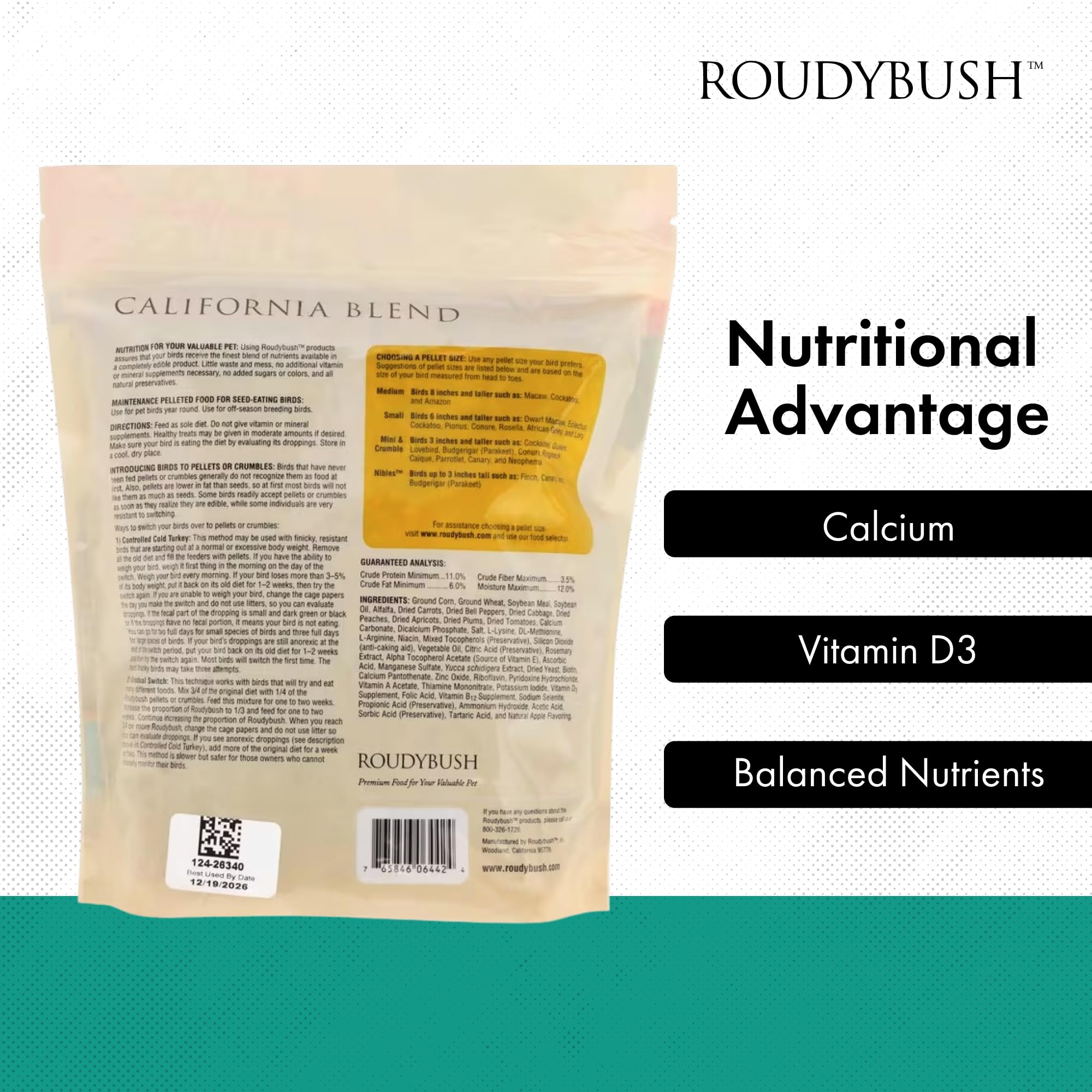 RoudyBush California Blend dieta equilibrada para aves de cuidado diario.