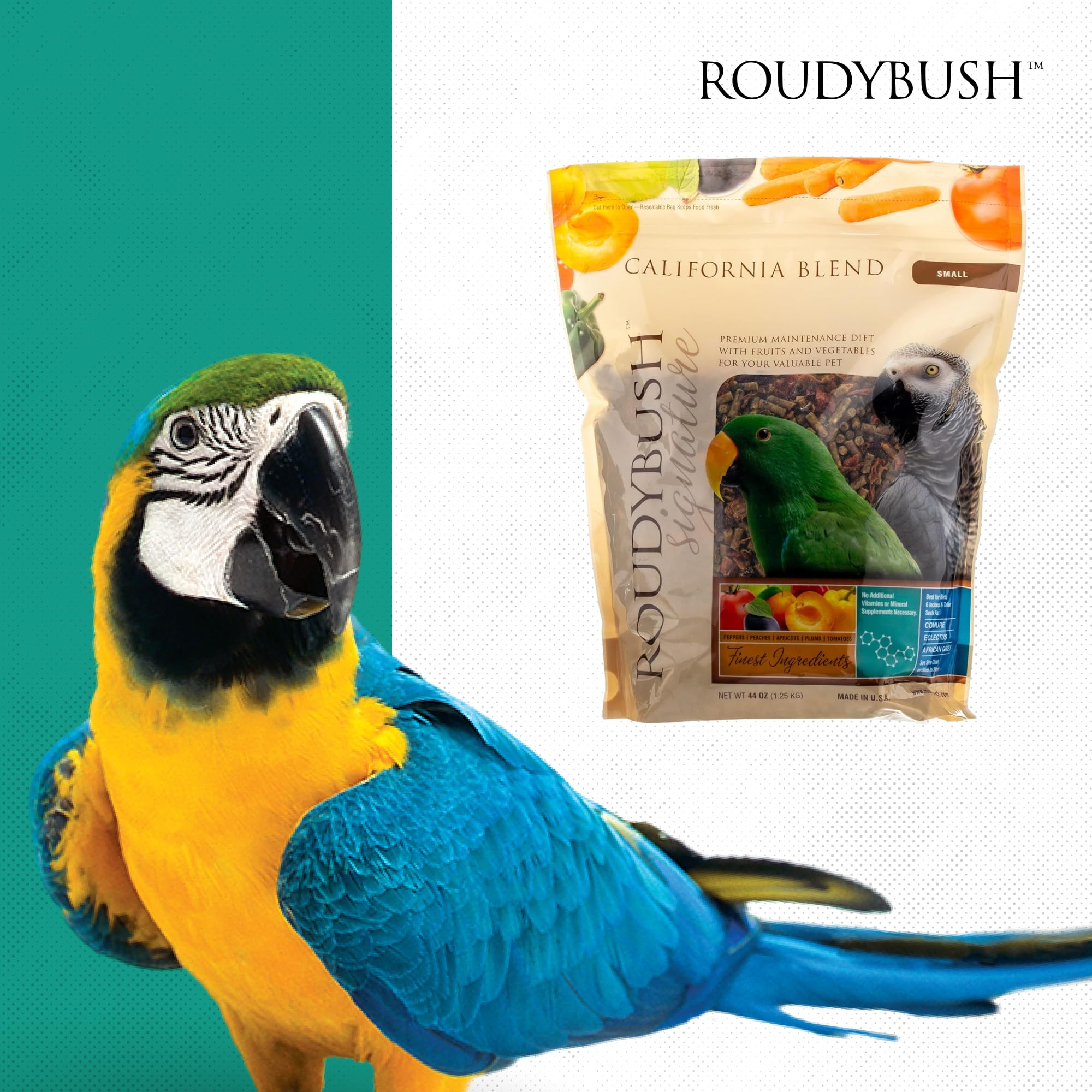 RoudyBush California Blend gránulos para aves, complemento práctico para alimentación diaria.