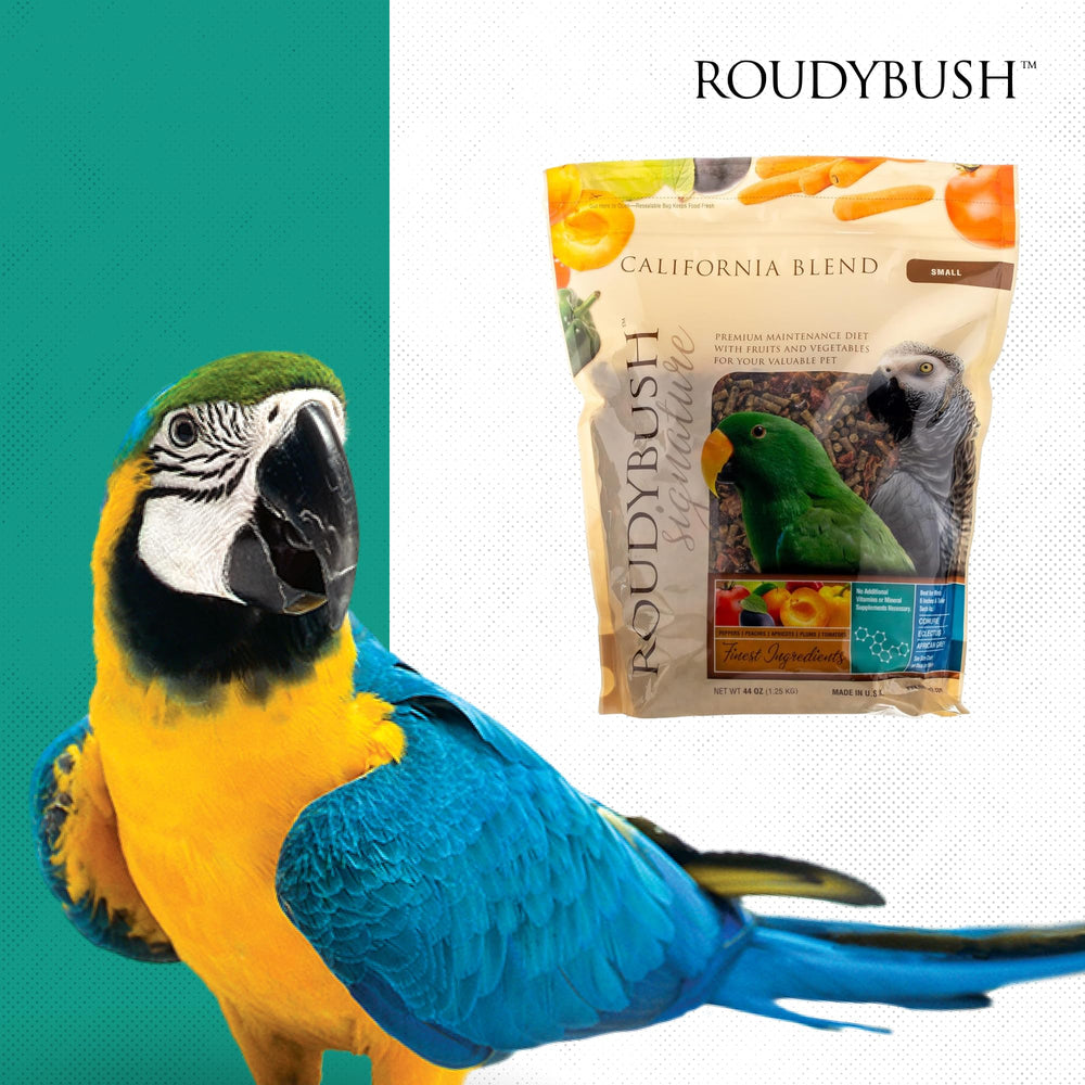 RoudyBush California Blend gránulos para aves, complemento práctico para alimentación diaria.