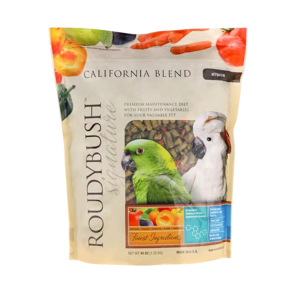 RoudyBush California Blend pellets, cuenco con nutrición equilibrada para aves.