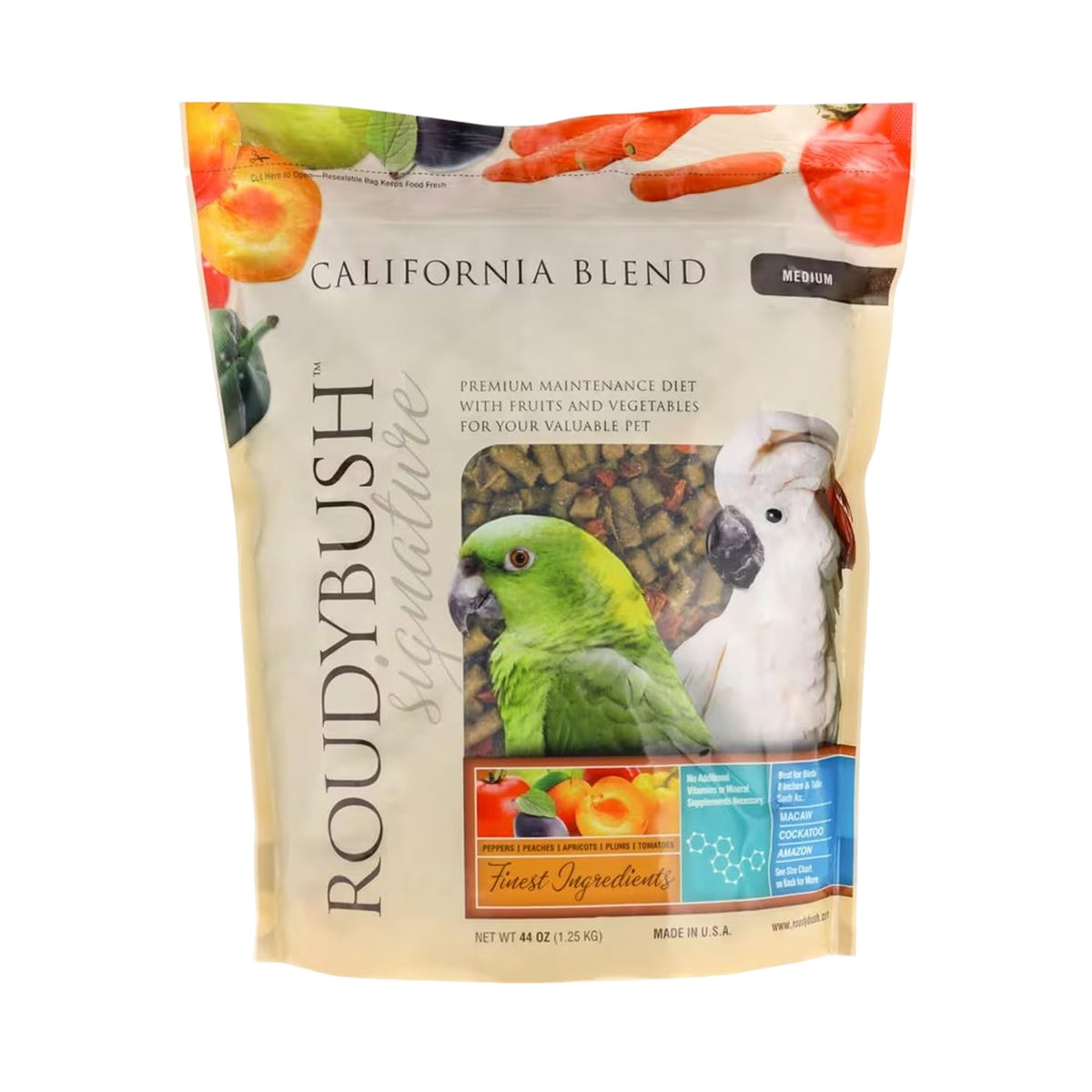 RoudyBush California Blend pellets, cuenco con nutrición equilibrada para aves.