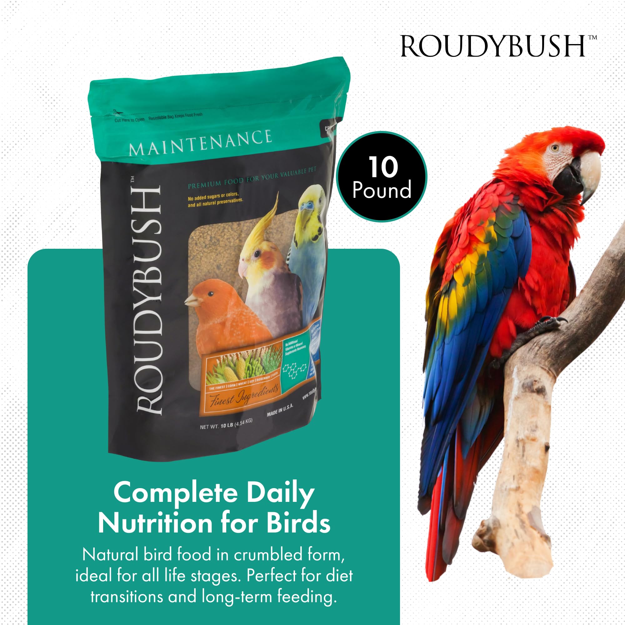 RoudyBush ingredientes de la fórmula: nutrición completa para aves.