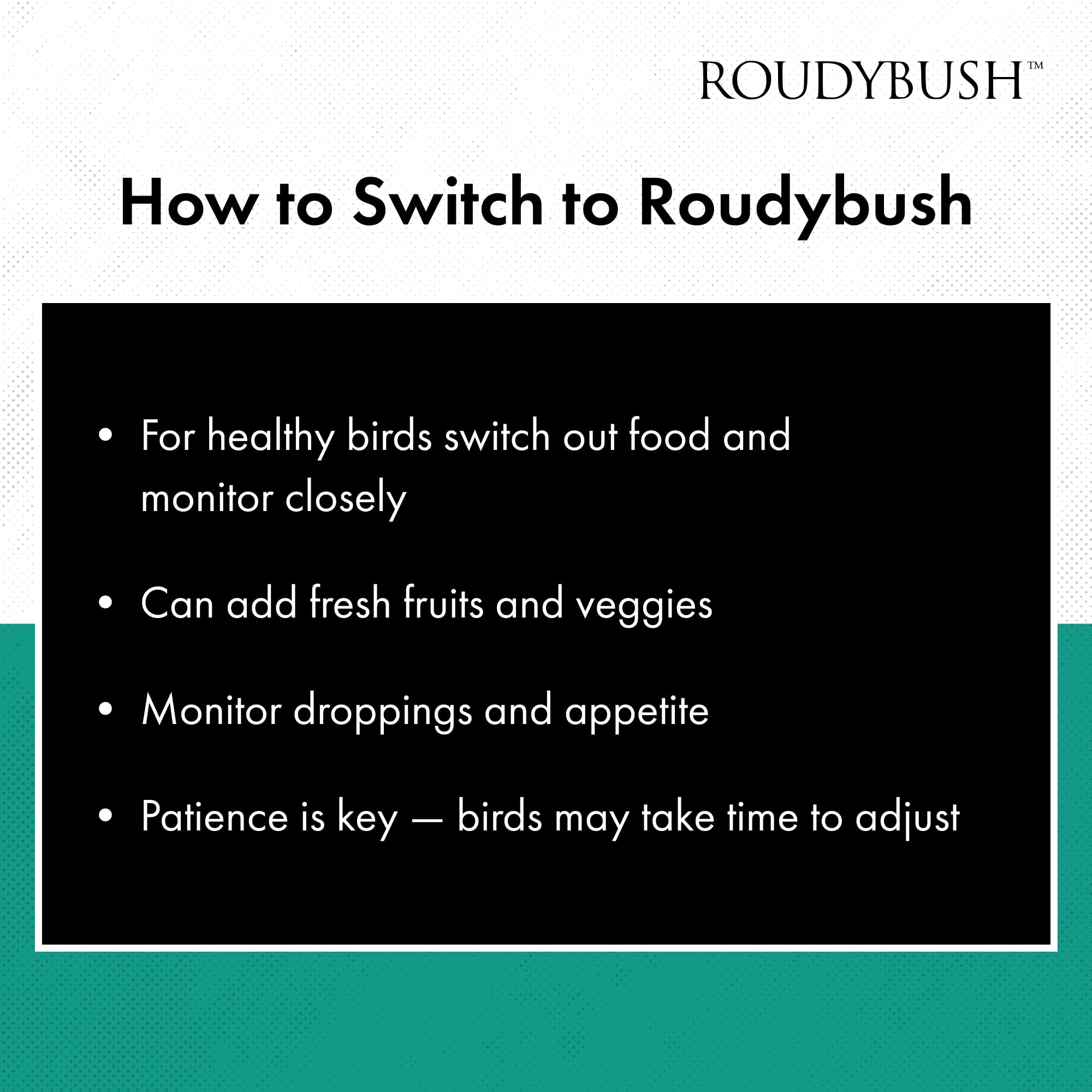 Roudybush, alimento para aves para distintas especies en pequeños pellets.