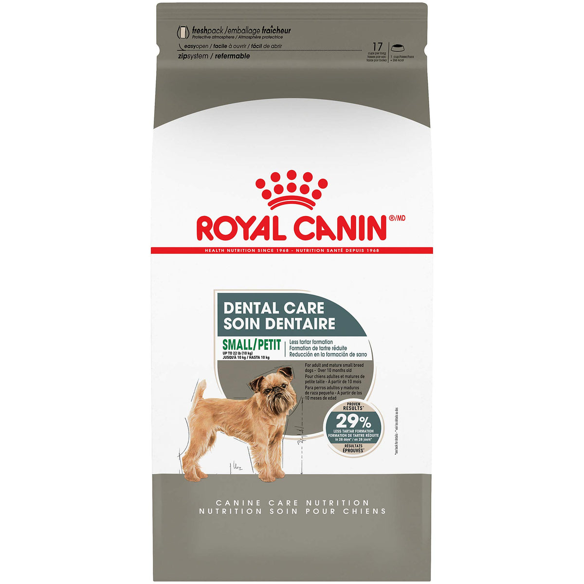 Royal Canin alimento seco para perros pequeños con enfoque en cuidado dental y limpieza diaria.