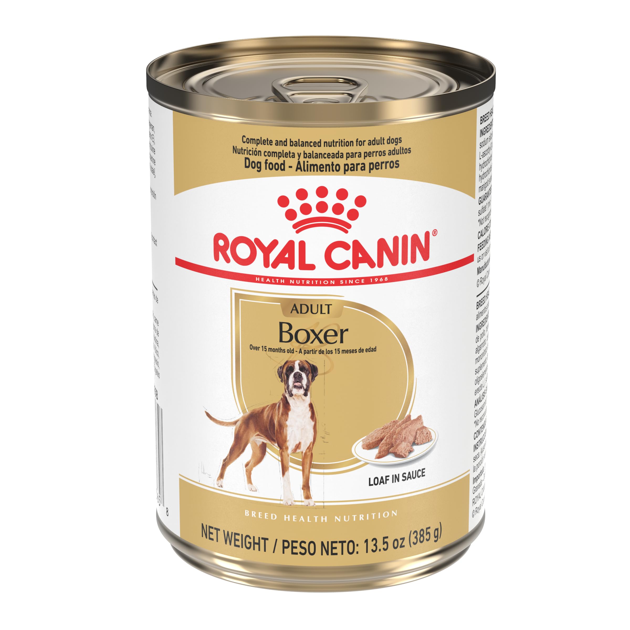 Royal Canin Boxer Adult paté en salsa, frente de lata, ideal para apetito del Boxer