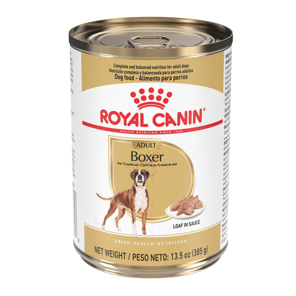 Royal Canin Boxer Adult paté en salsa, frente de lata, ideal para apetito del Boxer