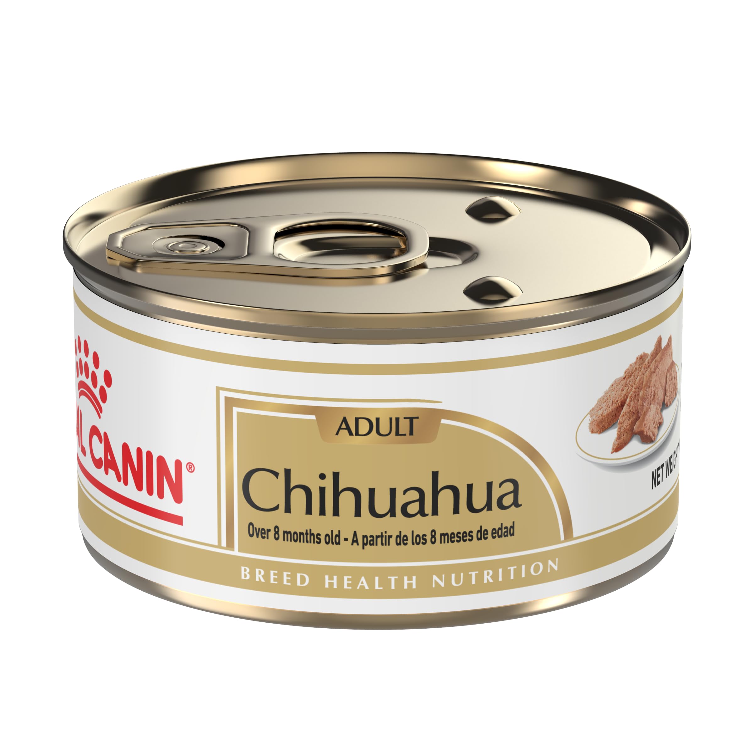 Royal Canin Chihuahua pate-en-salsa: lata de 3 oz para apetito exigente.