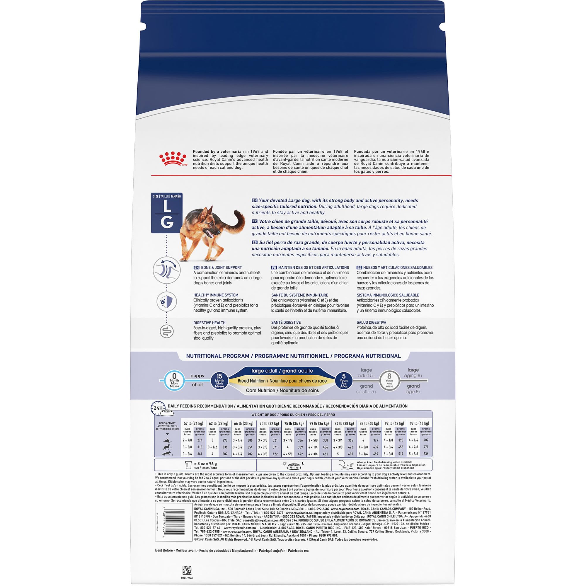 Royal Canin tamaño grande consejos de porciones y uso mixto.