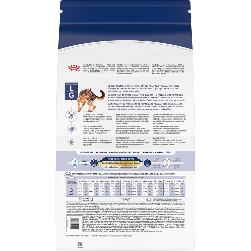 Royal Canin tamaño grande consejos de porciones y uso mixto.