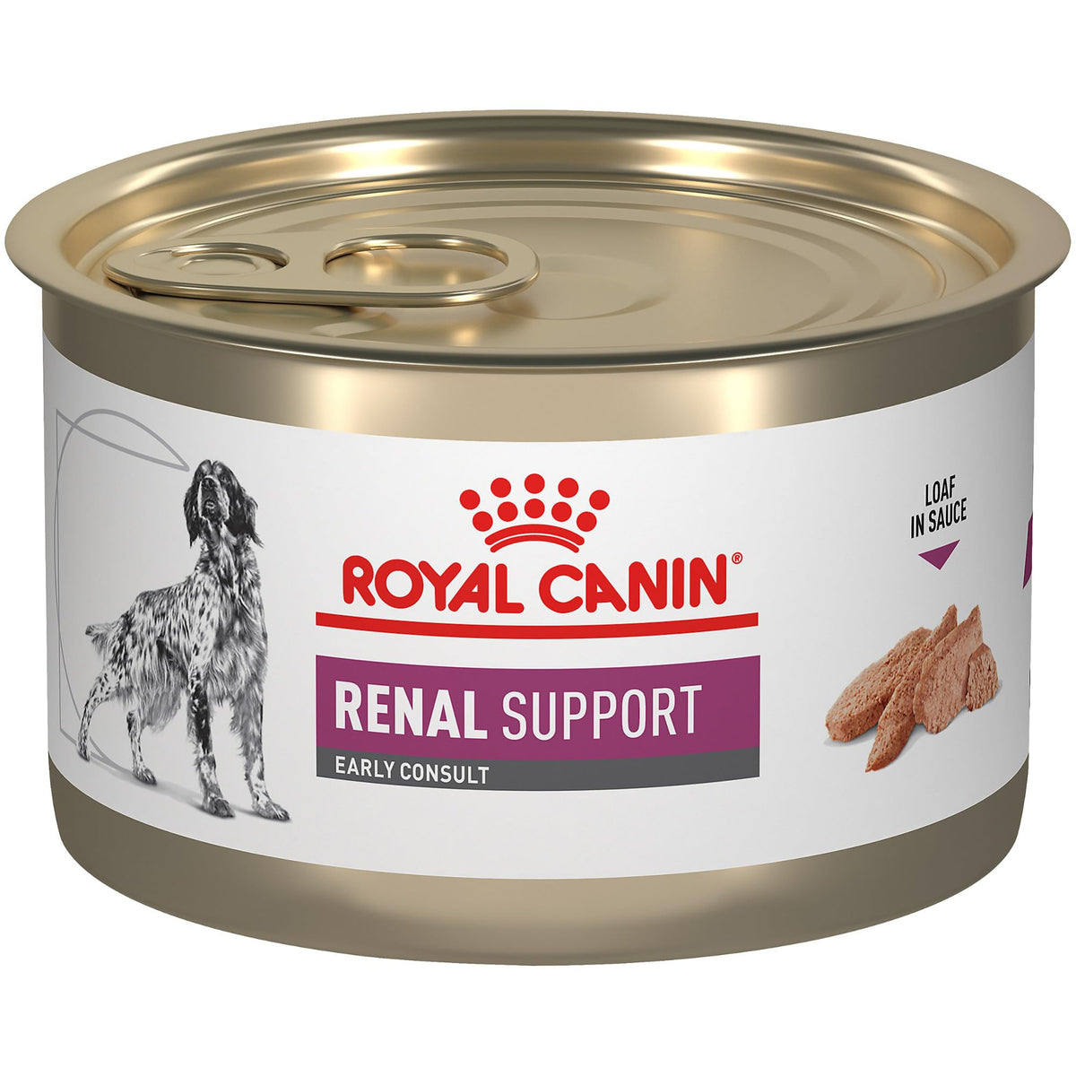 Royal Canin Soporte Renal Consulta Temprana, formato pan en salsa, apoyo potencial a la función renal en perros.