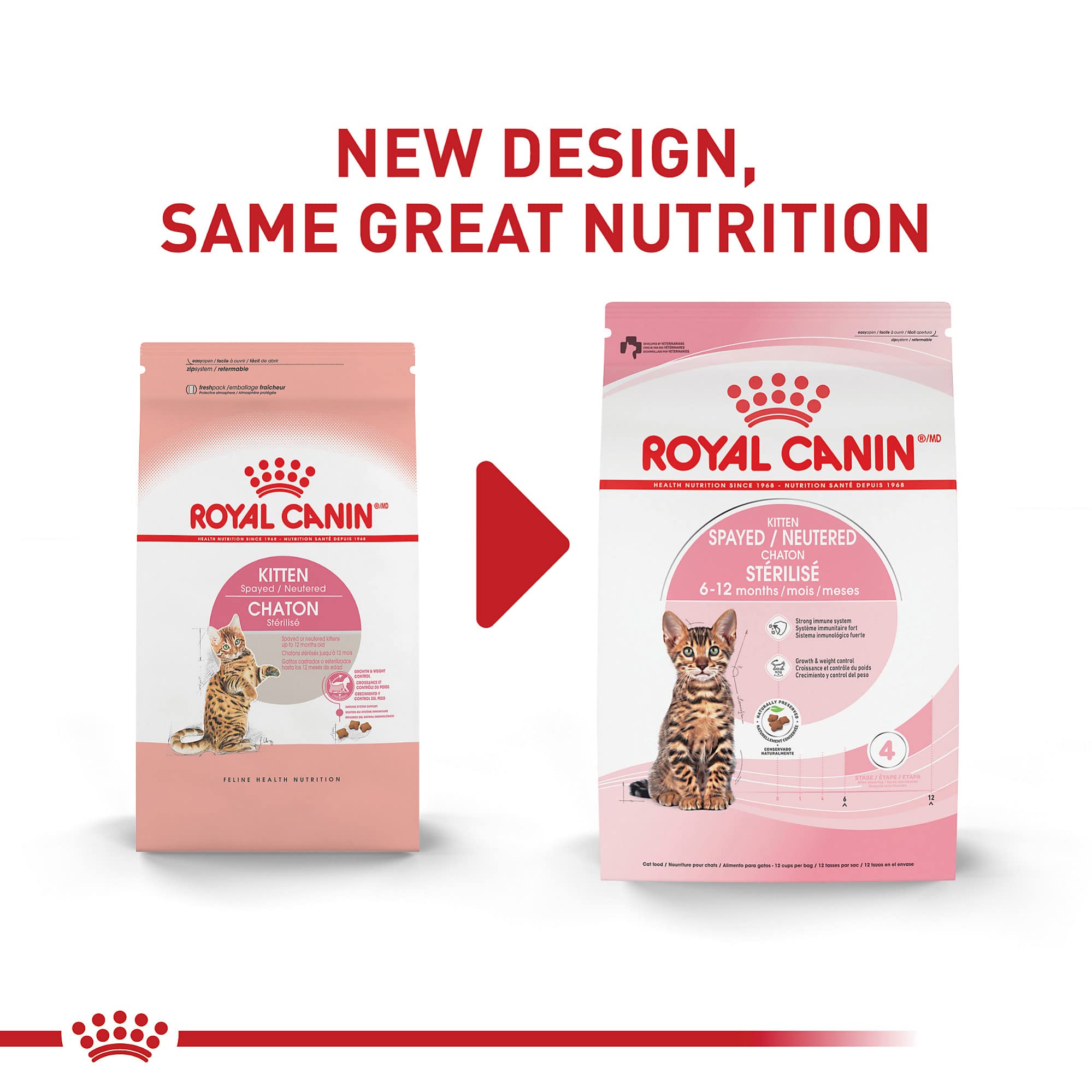 Royal Canin gatito kibble X, forma fácil de agarrar para dientes nuevos.