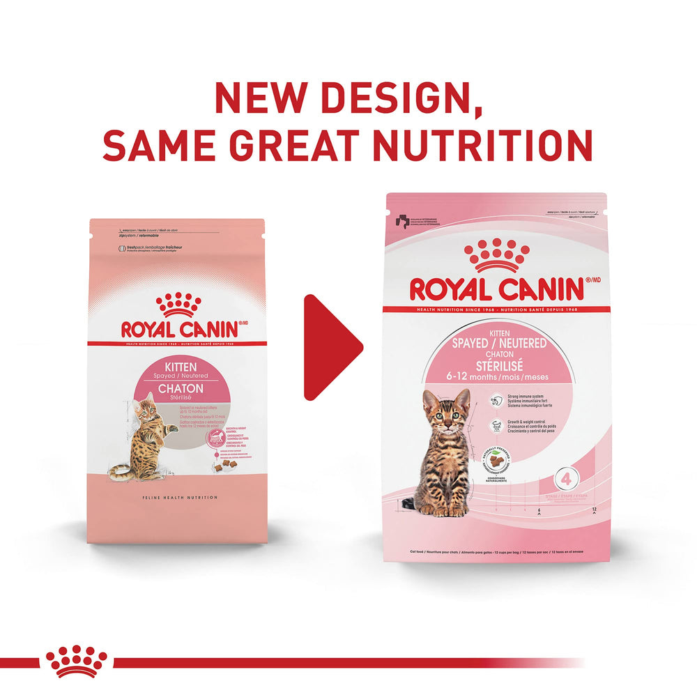Royal Canin gatito kibble X, forma fácil de agarrar para dientes nuevos.