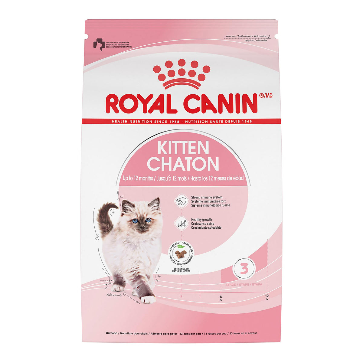 Gatitos de ROYAL CANIN, bolsa frontal, nutrición segura para crecimiento saludable.