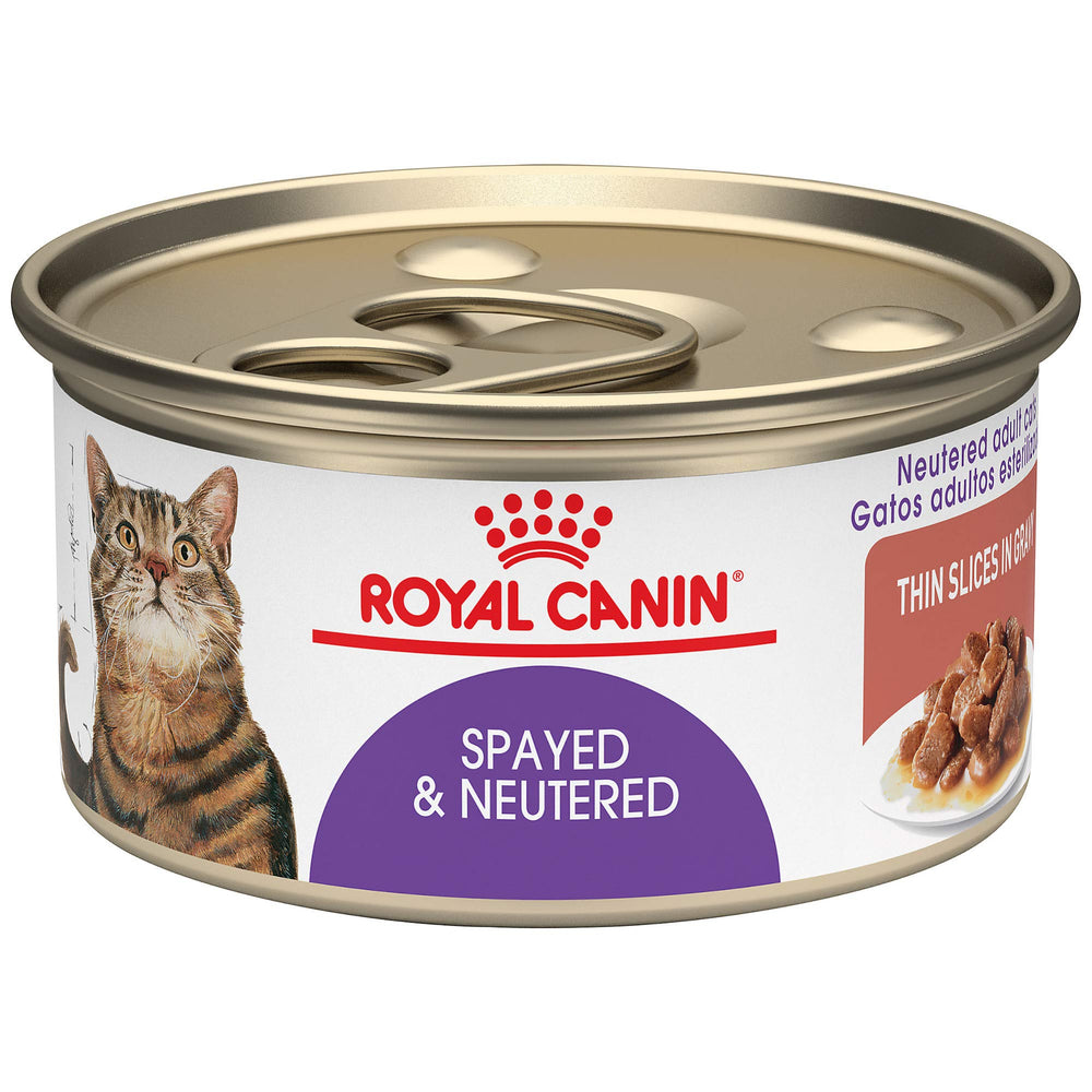 Royal Canin Gatos Esterilizados, trozos finos en salsa, lata de 3 oz para una comida equilibrada.