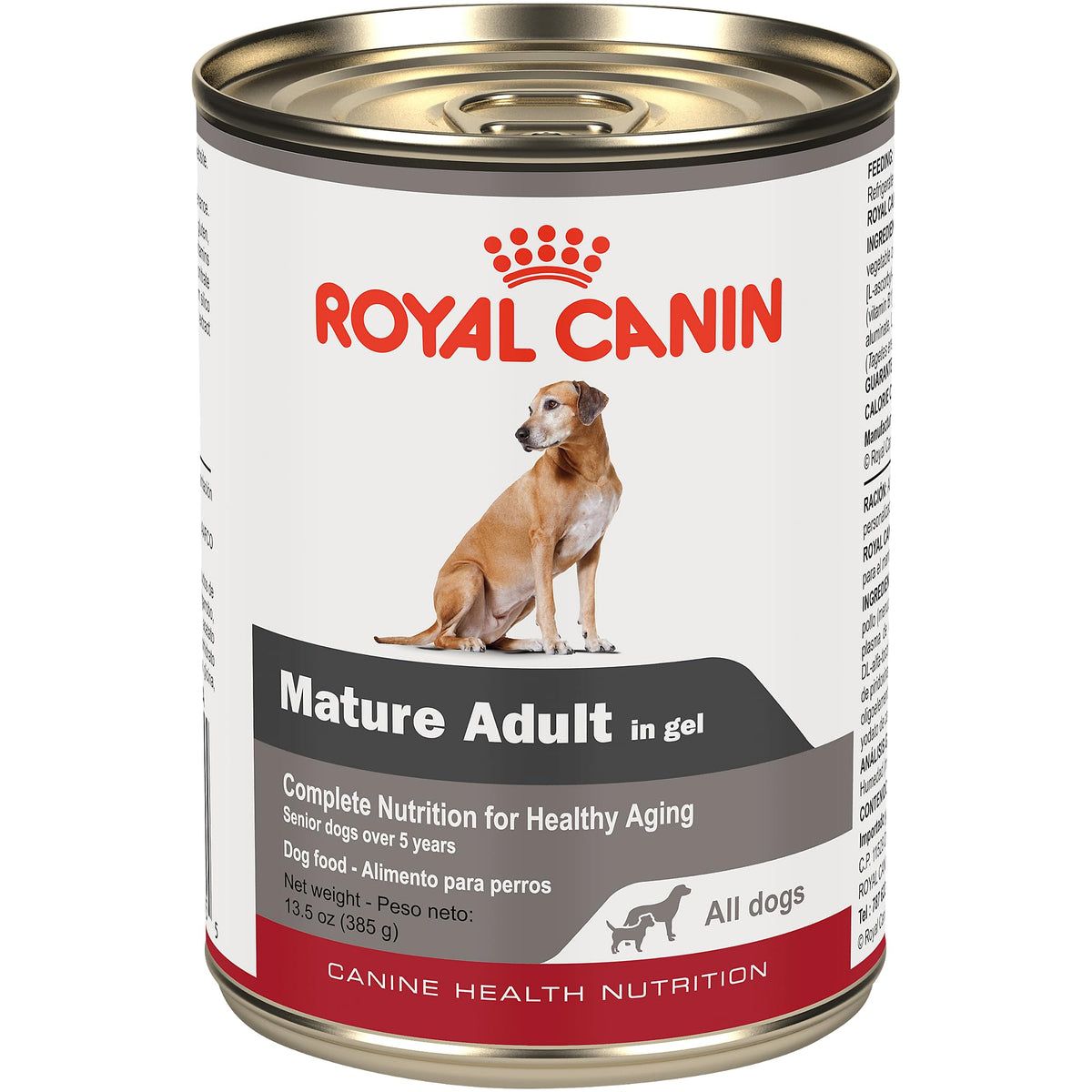 Royal Canin Mature en gel frente de lata, fácil de servir para perros mayores.