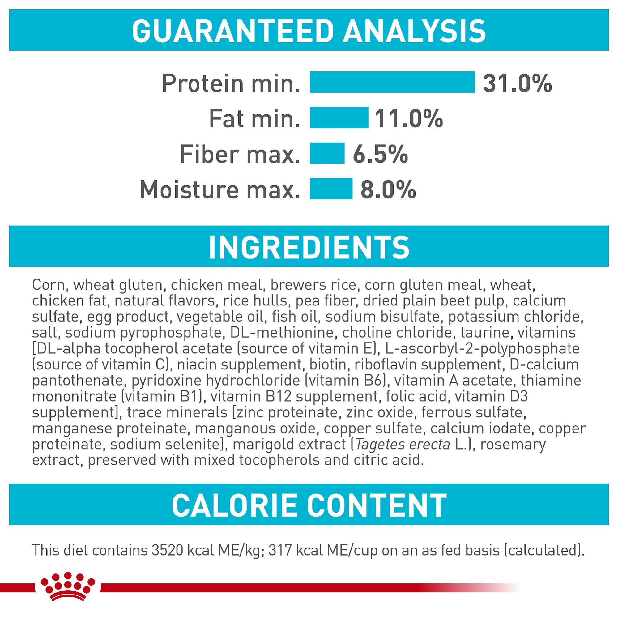 Royal Canin primer plano de croquetas secas, textura crujiente para palatabilidad.