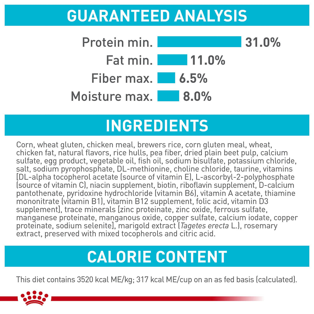 Royal Canin primer plano de croquetas secas, textura crujiente para palatabilidad.
