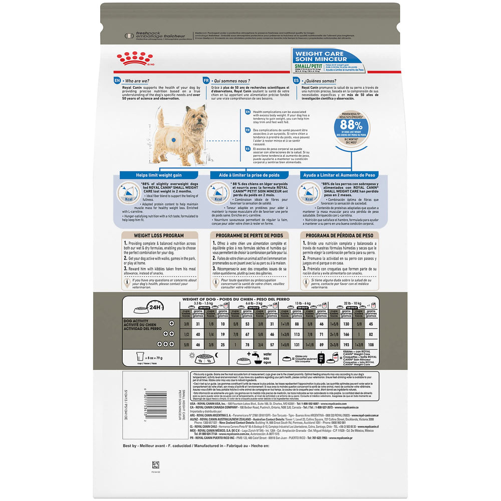 Royal Canin Small Weight Care interior muestra croquetas para control de peso diario.