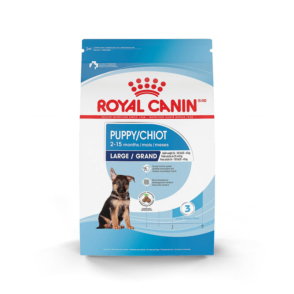 ROYAL CANIN Tamaño Grande Cachorro: comida seca, bolsa de 4 lb, apoya desarrollo.