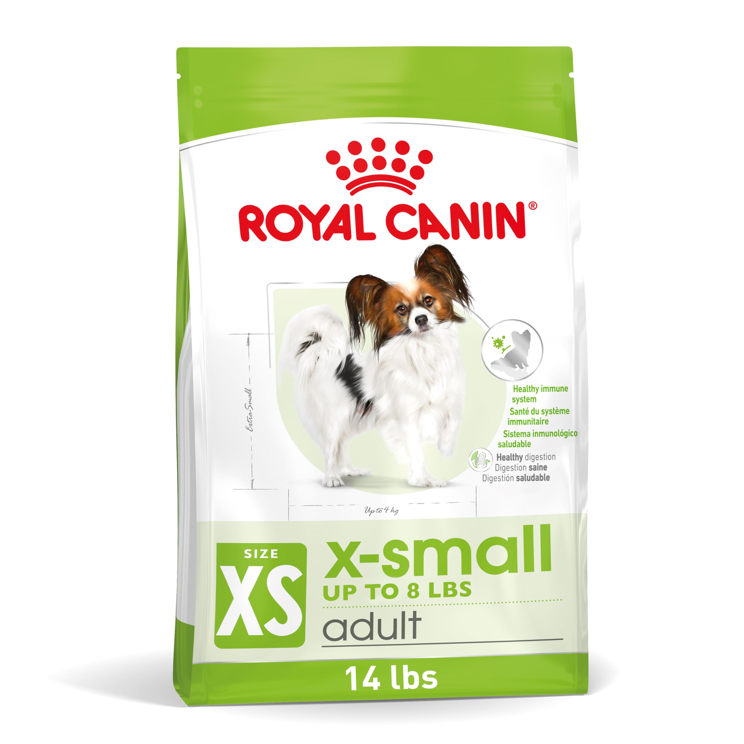Royal Canin Size X-Small bolsa frontal, empaque compacto para perros pequeños.