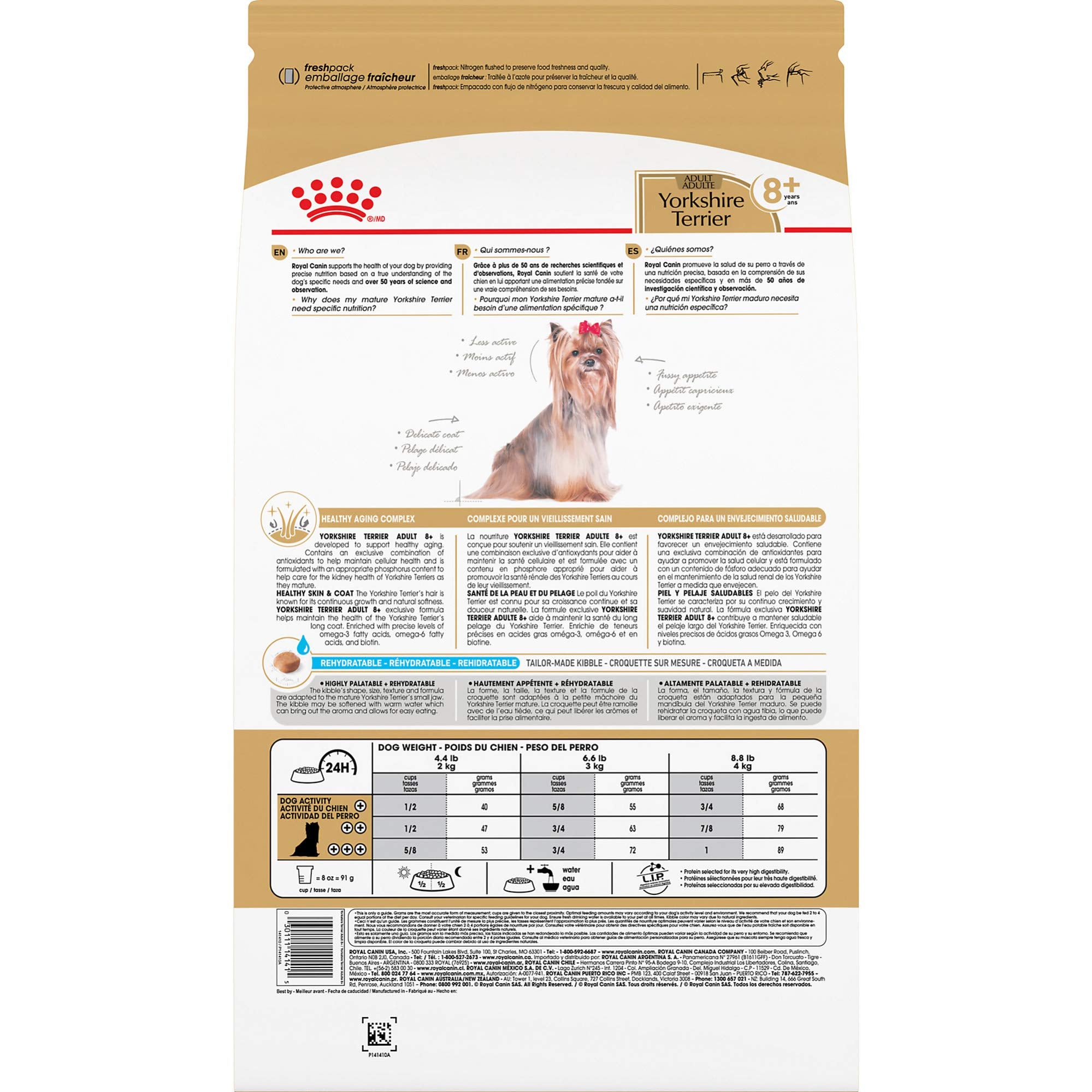 Royal Canin Yorkshire Terrier 8+ envase 2-5 lb, práctico para reposición
