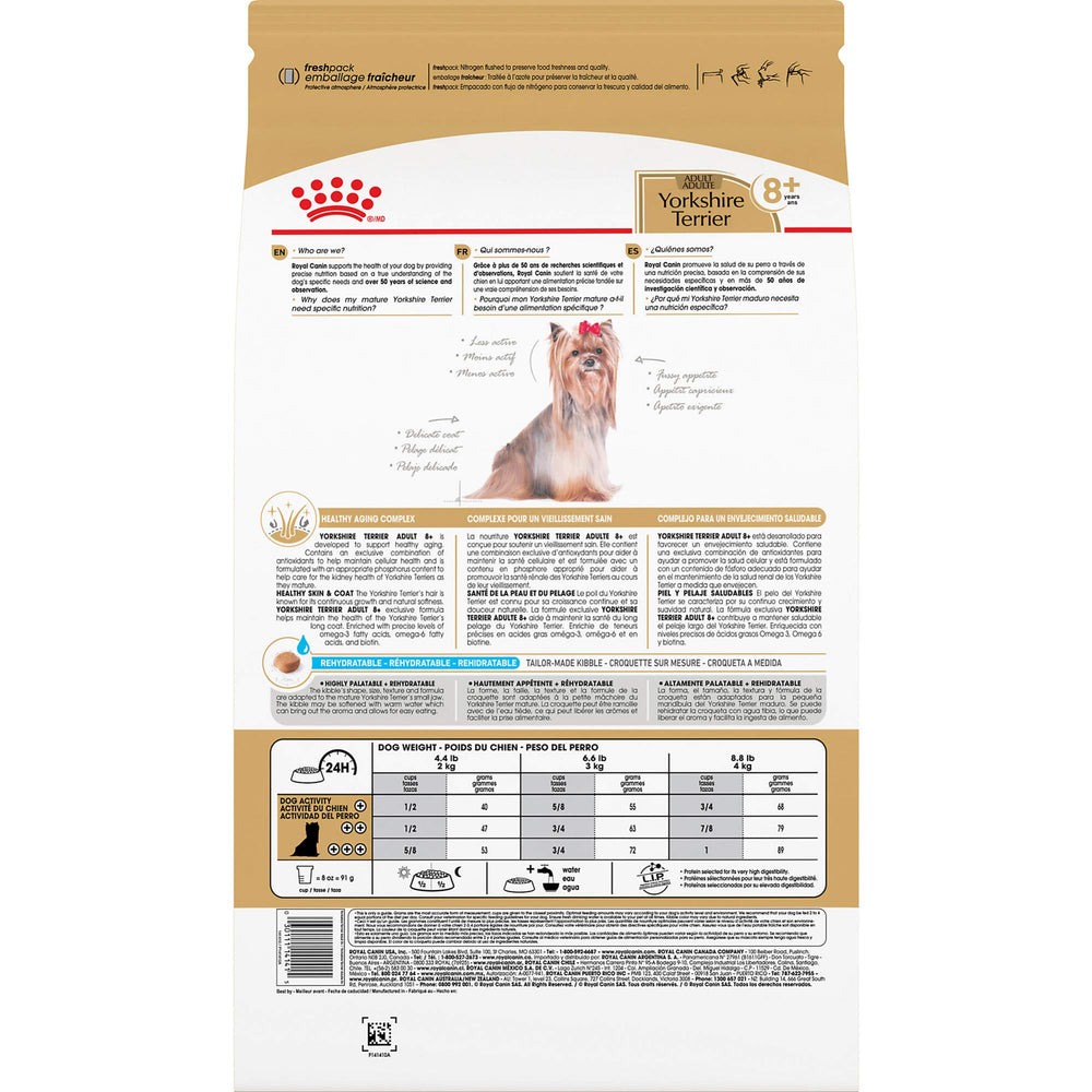 Royal Canin Yorkshire Terrier 8+ envase 2-5 lb, práctico para reposición