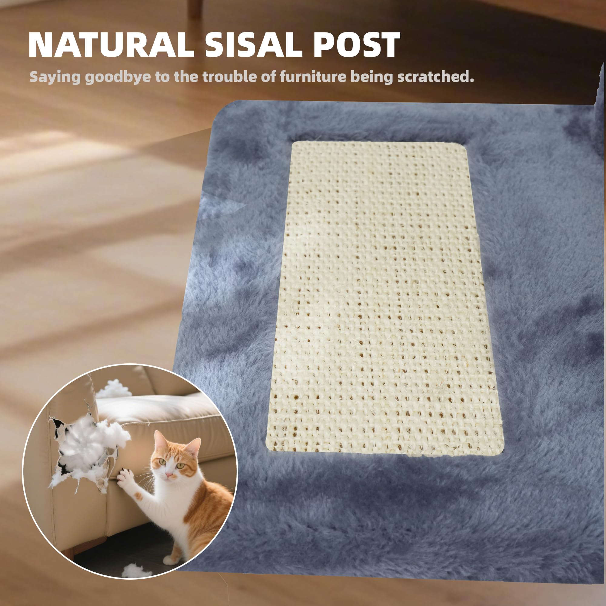 Materiales seguros Roypet: sisal duradero y felpa suave para mascotas.