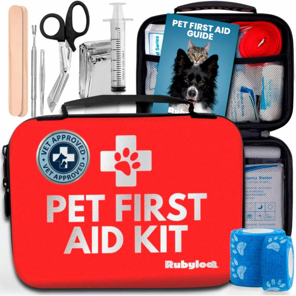 Kit Rubyloo en caja dura para primeros auxilios de perros y gatos, ideal en emergencias domésticas.