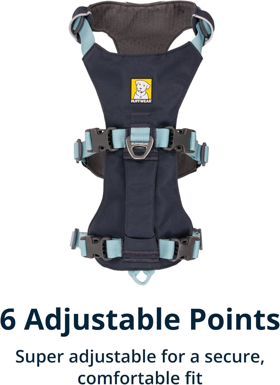 Arnés Ruffwear Flagline, panel abdominal acolchado, confort estable durante movimientos.